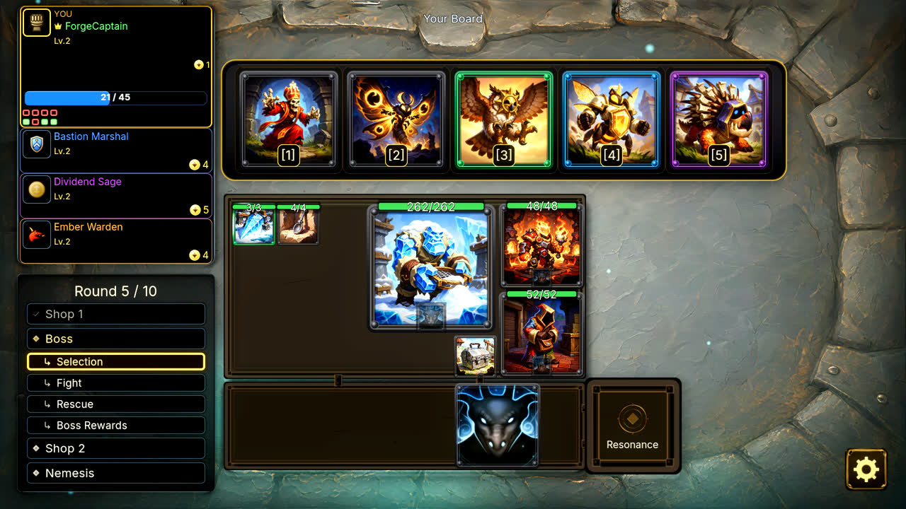 A four-player boss draft: five encounter cards in a row above the player's board, with the teammate roster on the left