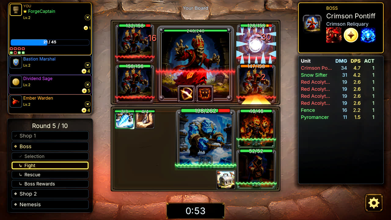 Boss combat against Tremorfang with hit lines flashing between the boards and a one-minute round timer