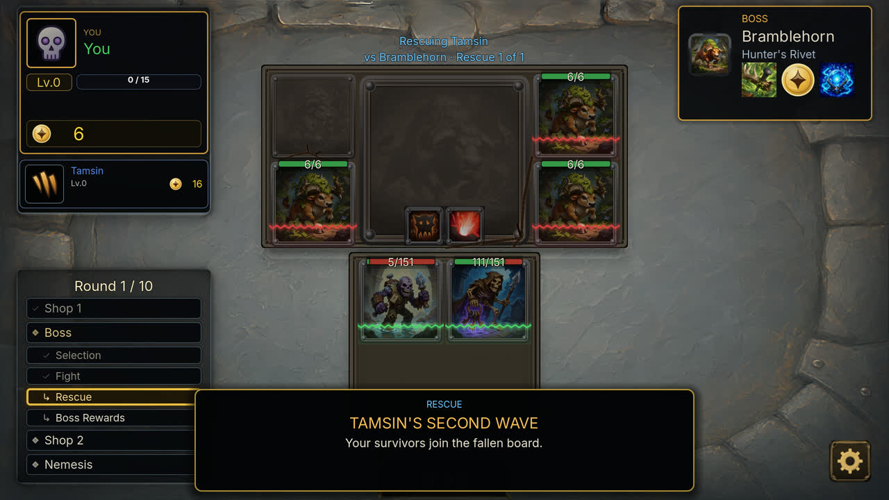 Rescue fight in progress: the boss board as the fallen teammate left it above, the rescuer's board below