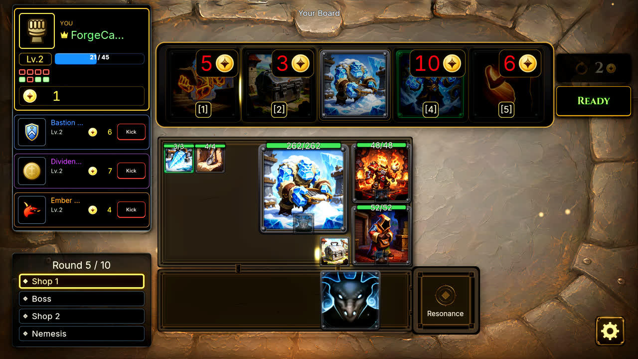 Shop 1 with five offers priced in gold, reroll and ready buttons, and the player's board below